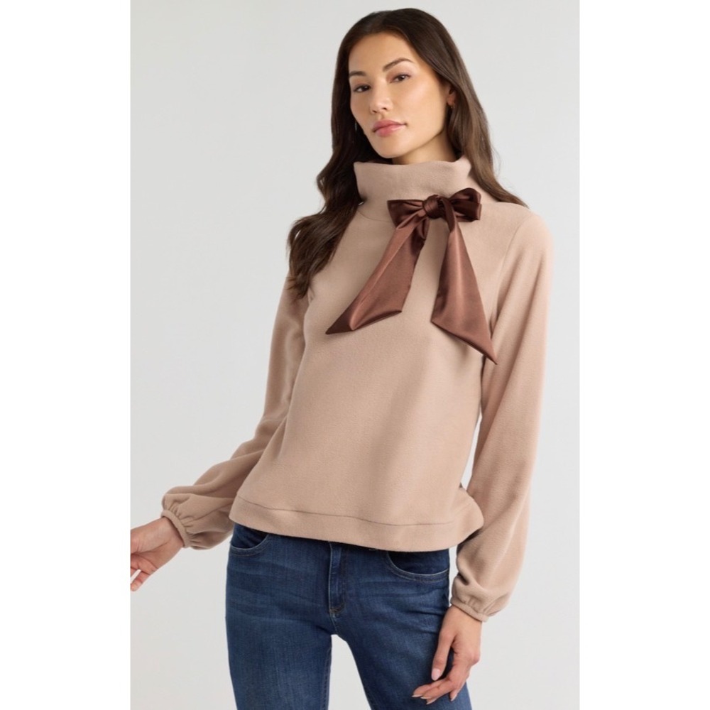 Dudley Stephens x Meeghan Mullin Peggy Bow Top Khaki Vello Fleece Mock Neck M